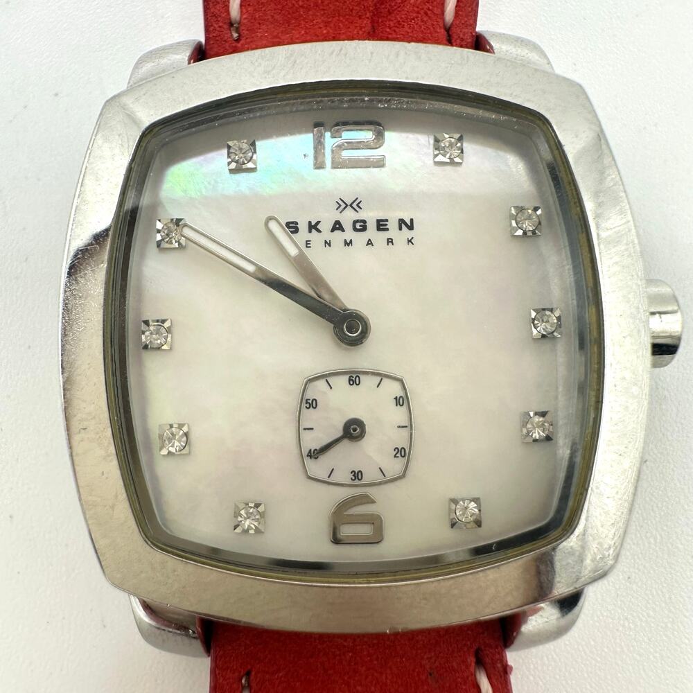Skagen quartz silver tone mother of pearl rounded square dial red leather watch